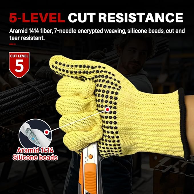 Heat Cut Resistant Gloves,Aramid leather Oven Gloves with Fingers,Heat Resistant Up to 450°F, Thick Knit Grill Mitts (silicone beads, Medium)