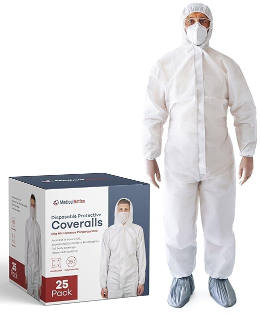 Hazmat Suits Disposable | 25 Pack | Protective Coveralls with Attached Hood and Boots | Heavy Duty Full Body Painters Suit for Adults - Breathable & Water Resistant | Large