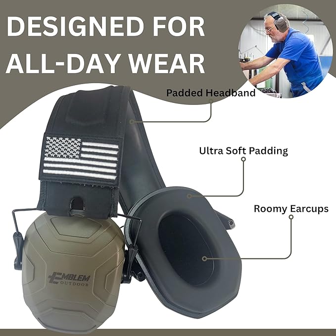Shield XT Shooting Ear Protection for Gun Range | NRR 24dB | Construction Hearing Protection for Adults and Kids | Slim Noise Reducing Ear Muffs for Sport and Safety (OD Green) by Emblem OD