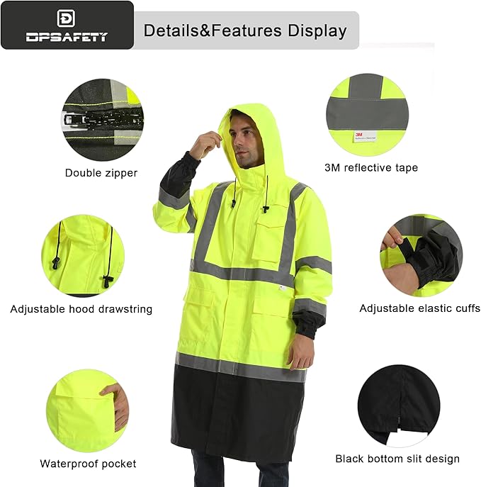 Reflective Rain jackets for men waterproof,Hi Vis Rain Coat With 3M Reflective Strips，High Visibility Class 3 Rain Gear With 2 large pockets，Zipper,Black Bottom Lime，6XL