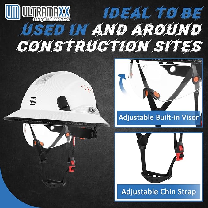 Full Brim Hard Hat with Built-in Visor, ANSI Z89.1 OSHA Approved Construction Safety Helmet with Chin Strap for Men Women