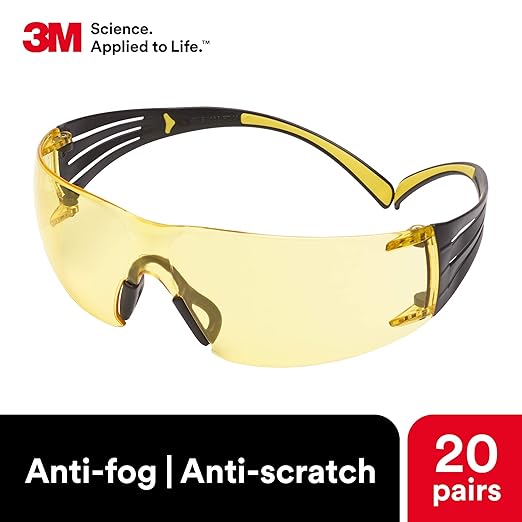 3M Safety Glasses, SecureFit, 20 Pack, ANSI Z87, Scotchgard Anti-Fog Anti-Scratch, Amber Lens, Yellow/Black Frame, Flexible Temples