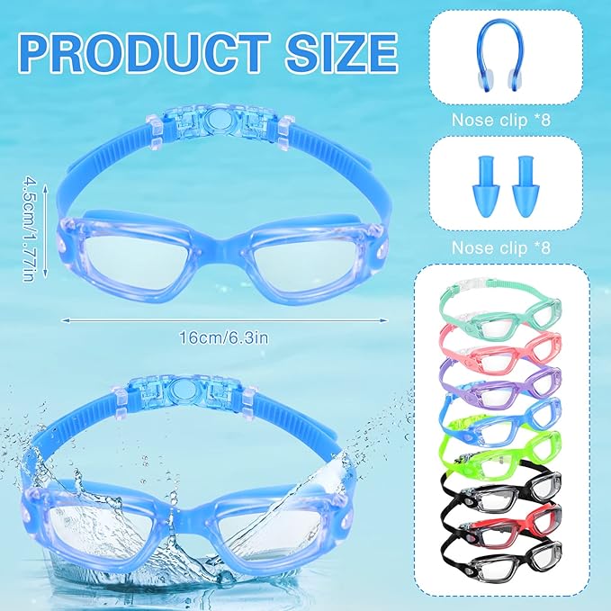 Fabbay 8 Pcs Swimming Goggles No Leaking Pool Goggles for Kid Adult UV Protection Swim Glasses Waterproof Nose Clip Earplug