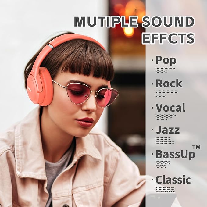 BERIBES Bluetooth Headphones Over Ear, 65H Playtime and 6 EQ Music Modes Wireless Headphones with Microphone, HiFi Stereo Foldable Lightweight Headset (Orange red)