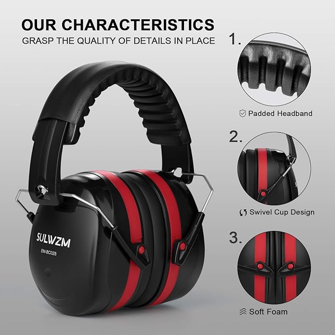 Hearing Protection Ear Muffs,NRR 28db Noise Cancelling for Shooting, Mowing, Construction,Red