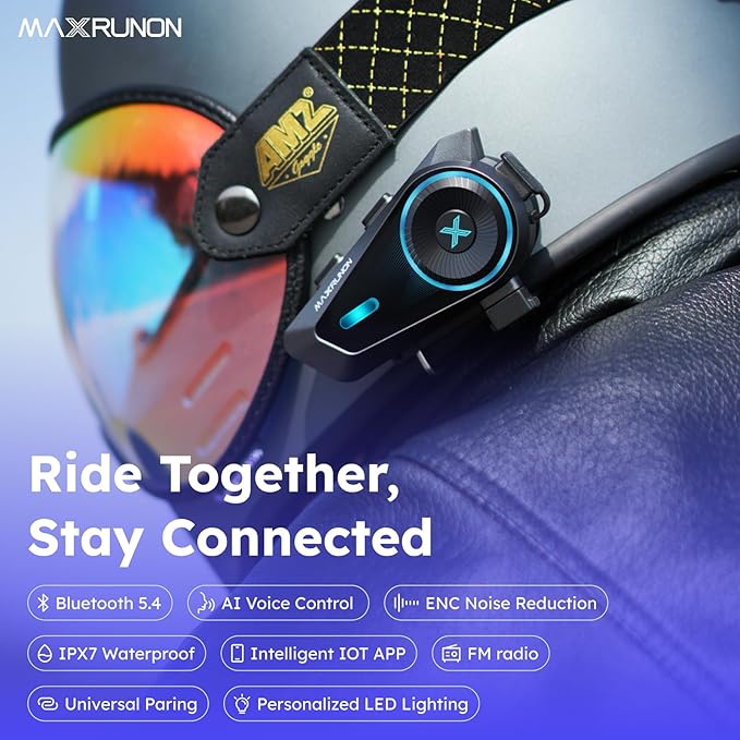 D10 Motorcycle Bluetooth Headset V5.4 – 4-Rider Helmet Intercom with App & AI Voice Control, HD Speakers, ENC/DSP Noise Canceling, Audio Multitasking, FM Radio, IPX7 Waterproof, 1 Pack