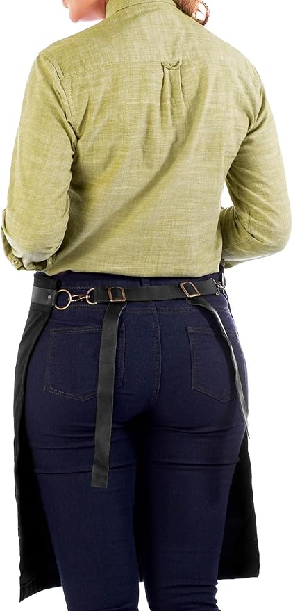 Under NY Sky Barista Apron - Black Leather Straps and Reinforcement - Riveted Pockets - Double Stiched - Leather Ring Loop - Professional Black Twill - Double as Half Bistro Apron - Chefs, Bartender