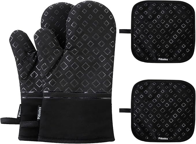 Set of 4 Oven Mitts and Pot Holders, 482 F Heat Resistant Hot Plate Moving Non-Slip Gloves for BBQ, Grill, Baking, Cooking, Oven, Microwave (Black)