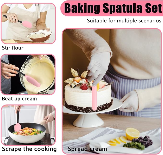 Oven Mitts with Heat-Resistant Hot Pads and Five Silicone Spatulas Designed for Kitchen Baking Cooking, Oven Glove Soft Cotton Lining, Waterproof, BPA-Free (Pink, 12.6)