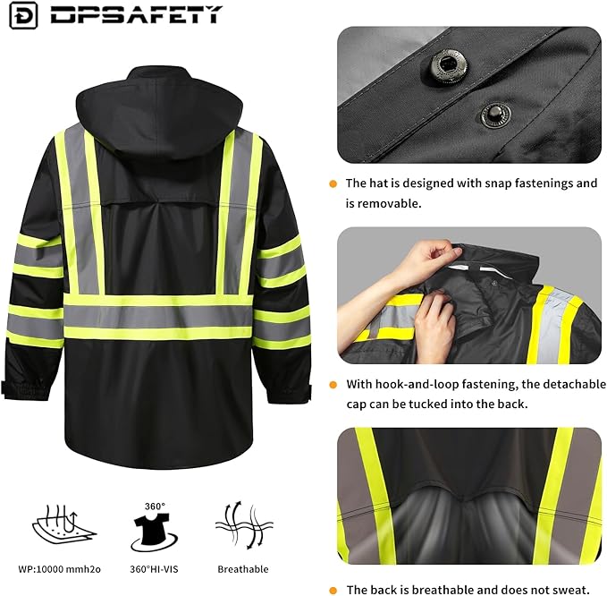 Reflective Rain jackets for men waterproof,Hi Vis Safety Coat With Reflective Strips，High Visibility Class 3 Rain jackets With 2 large pockets，Zipper,Black ，LG/XL