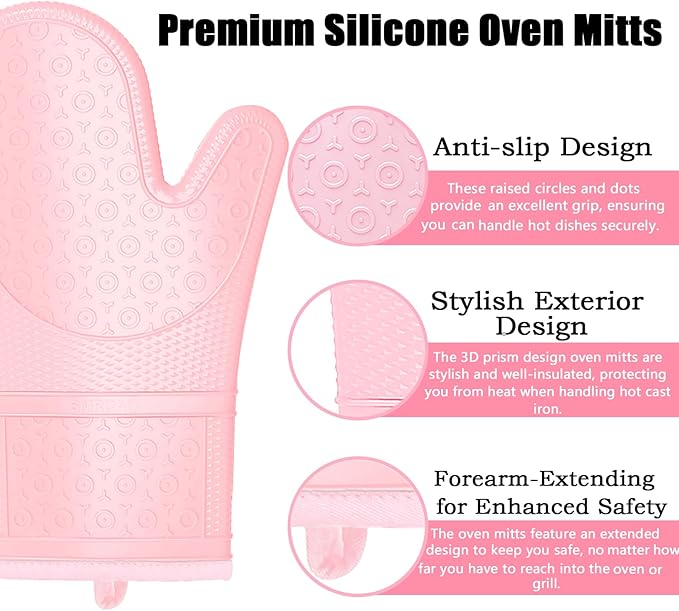 Oven Mitts with Heat-Resistant Hot Pads and Five Silicone Spatulas Designed for Kitchen Baking Cooking, Oven Glove Soft Cotton Lining, Waterproof, BPA-Free (Pink, 12.6)