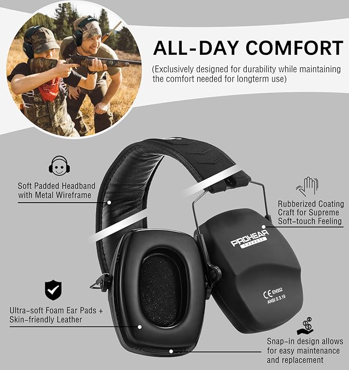 PROHEAR 016 Shooting Ear Protection Earmuffs 2 Pack, NRR 26dB for Gun Range, Hunting -Black and Black