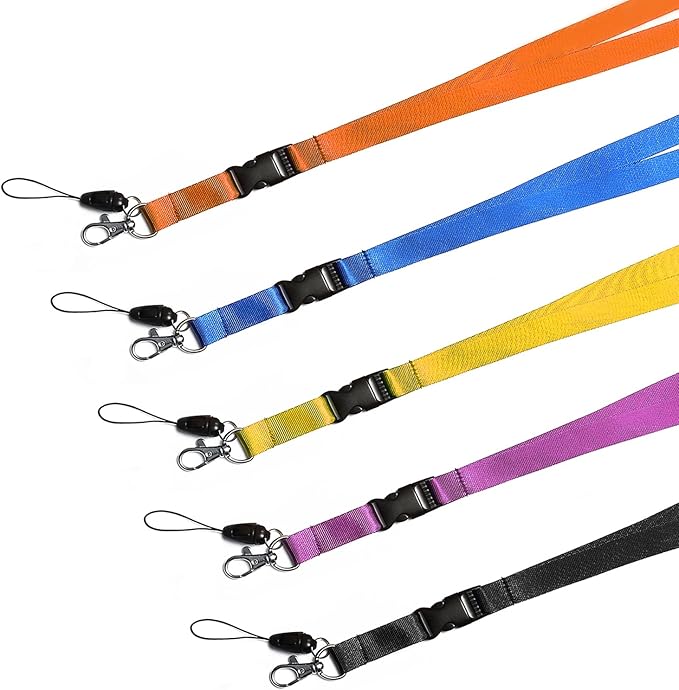 YOUOWO 5 Pack Nylon Office Neck Lanyards Detachable Buckle Enhanced Model Hook Breakaway Strap Lanyard for ID Badge,Key,Women,Men,Phones,USB,Whistles,Black,Blue,Yellow,Orange,Purple