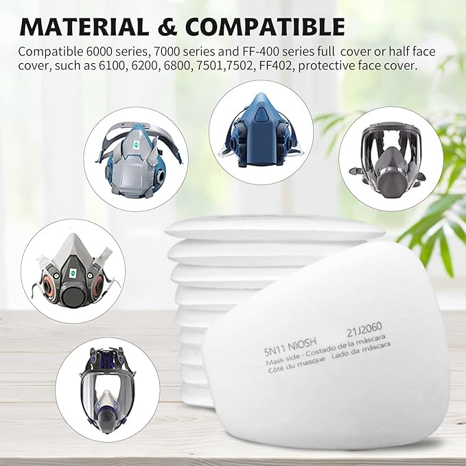 50PCS 5N11 Particulate Filter Cottons - Respirator Filter Cotton Replacement, for Gas Respirator 6000 6100 6200 6800 7501 7502 Series, Used in Spray Paint Dust Particles, White