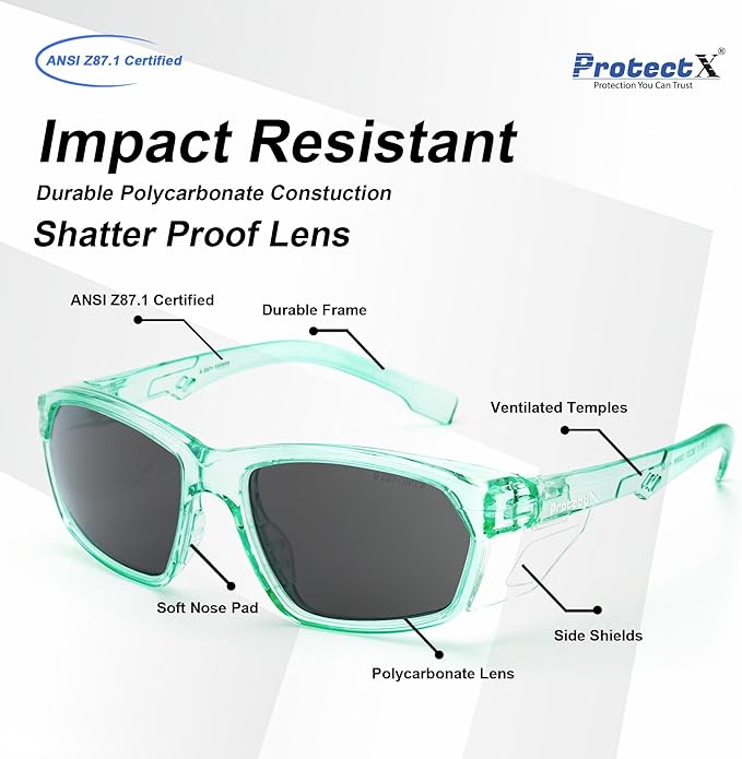 ProtectX Stylish Anti-Fog & Scratch-Resistant Safety Glasses With Readers, UV Protection Goggles, Anti-Impact Lightweight Glasses for Men＆Women Jade Tinted Smoke - 6 Pack