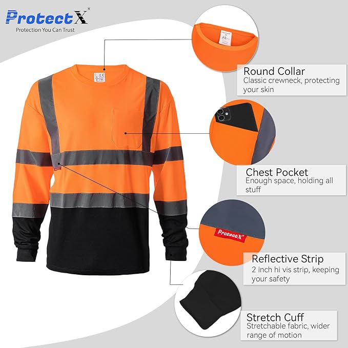 ProtectX Men's High Visibility Heavy Duty Long Sleeve Reflective Safety T-Shirts for Construction, Class 2-3 Type R