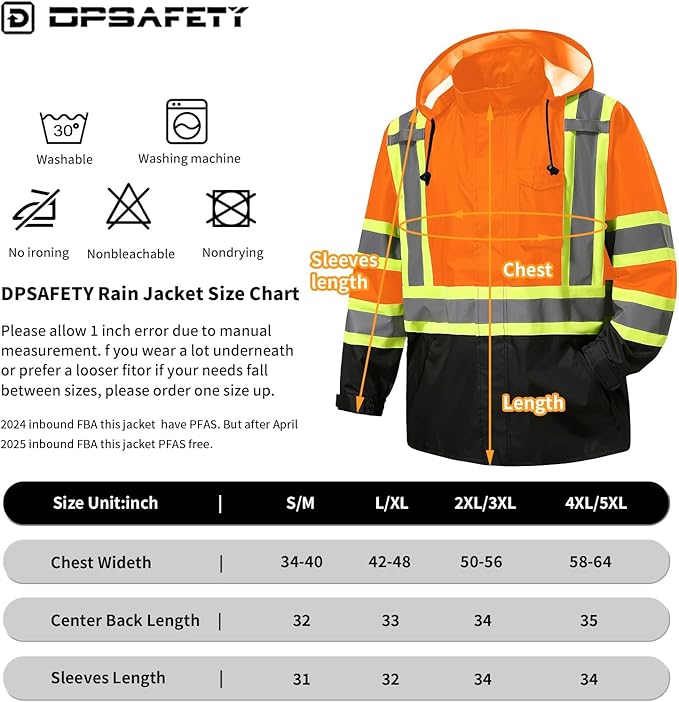 Reflective Rain jackets for men waterproof,Hi Vis Safety Coat With Reflective Strips，High Visibility Class 3 Rain jackets With 2 large pockets，Zipper,Orange,LG/XL