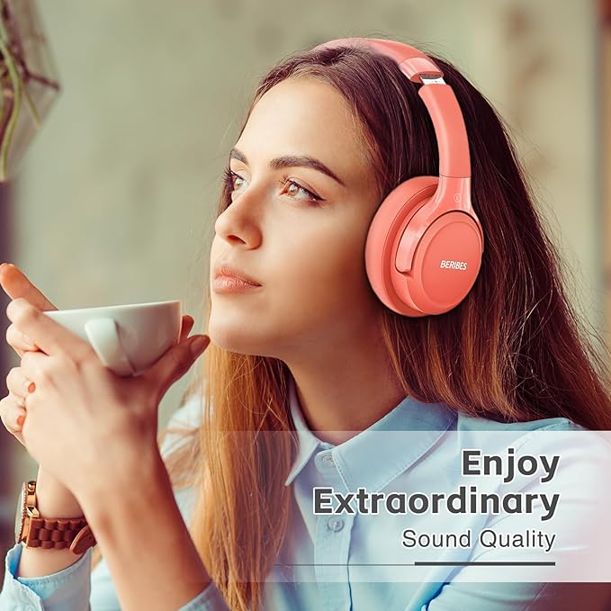 BERIBES Bluetooth Headphones Over Ear, 65H Playtime and 6 EQ Music Modes Wireless Headphones with Microphone, HiFi Stereo Foldable Lightweight Headset (Orange red)