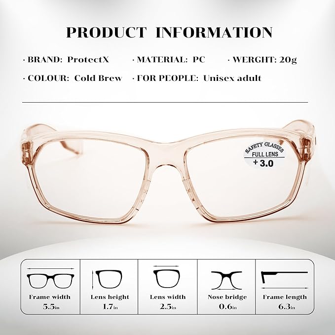 ProtectX Stylish Anti-Fog & Scratch-Resistant Safety Glasses With Readers, UV Protection Goggles, Anti-Impact Lightweight Glasses for Men＆Women Cold Brew Reading 3.0-2 Pack