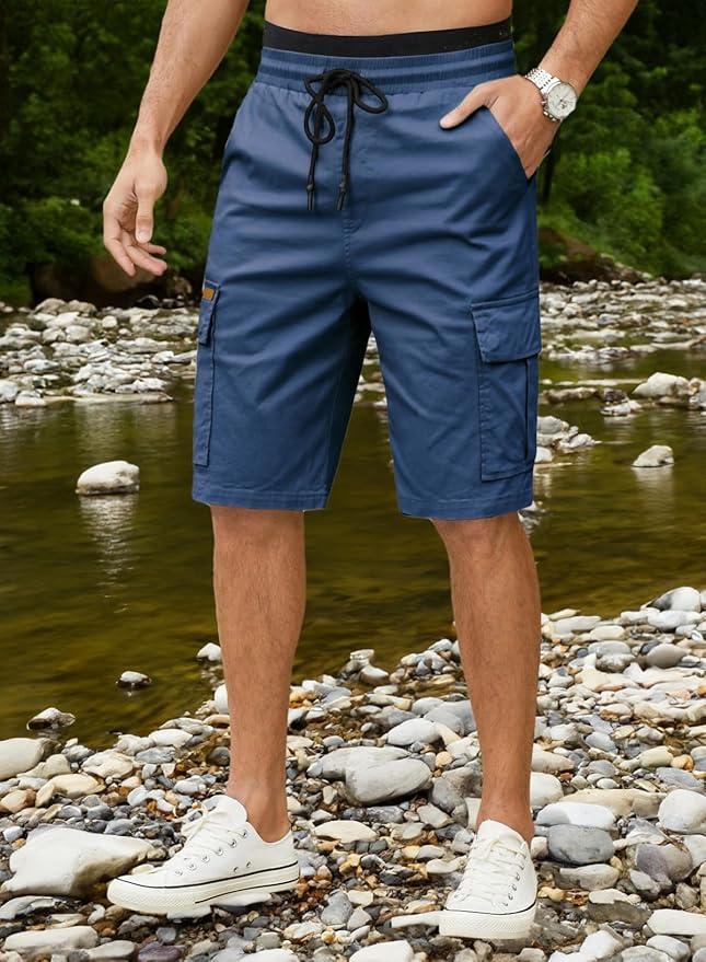 JMIERR Mens Casual Twill Cargo Shorts Cotton Drawstring Classic Cargo Stretch Short with 6 Pockets