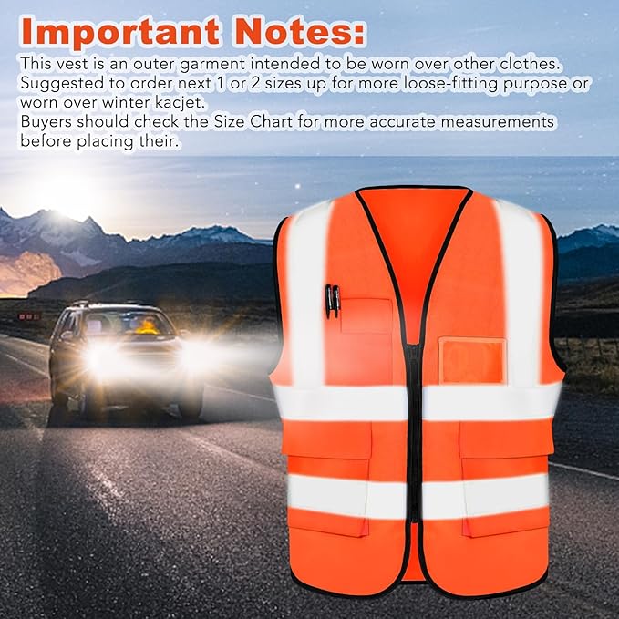 XPCARE 2-Pack Hi Vis Reflective Safety Vest with Pockets,High Reflective Strips Zipper Work Vest for Men and Women,Orange(Large)