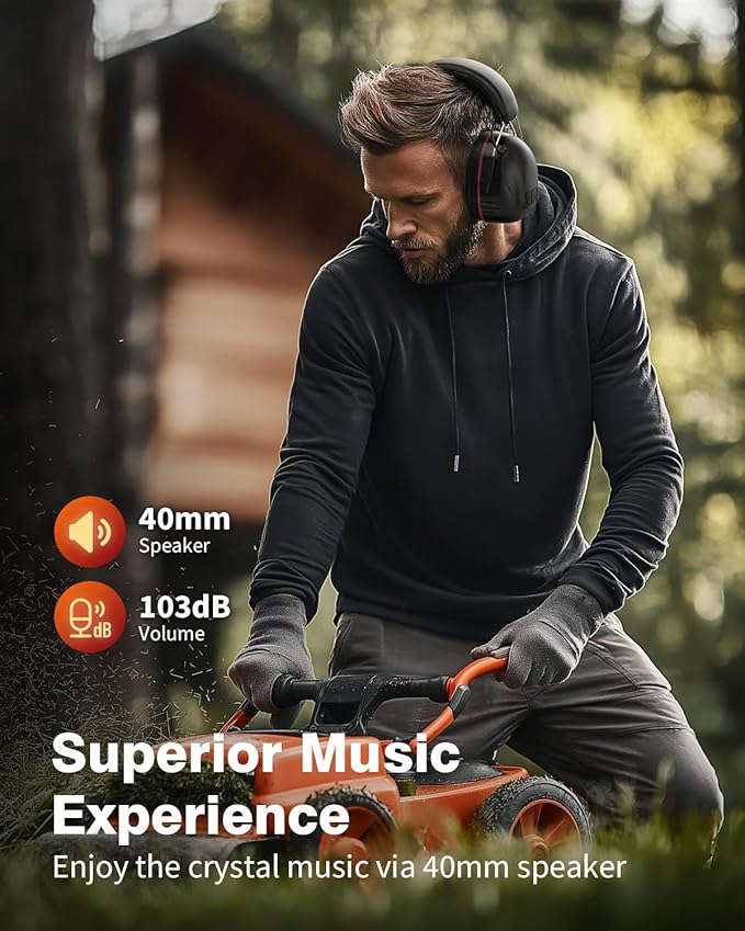 Bluetooth 5.4 Hearing Protection Headphones with 120H Working Time, 30dB SNR, Superior Stereo Sound Quality, Larger Buttons for Easy Operation, Safety Ear Muffs for Lawn Mowing, Workshops-Black