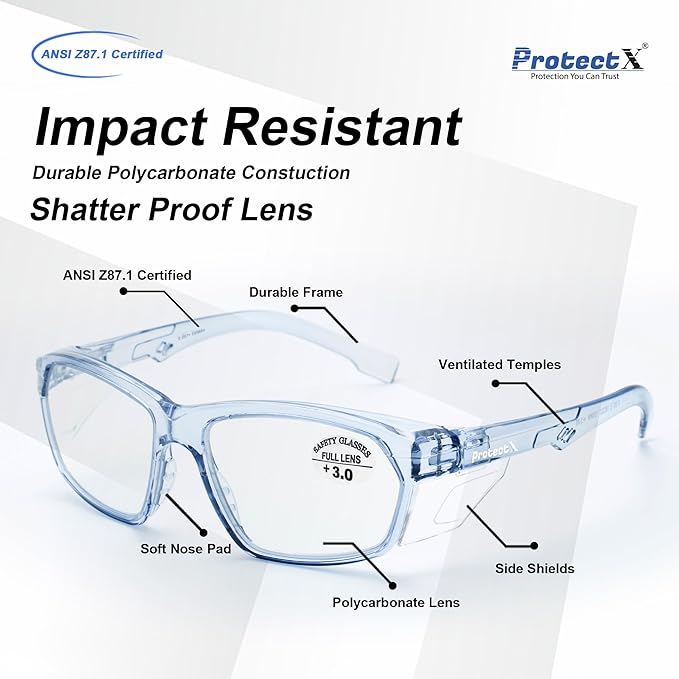 ProtectX Stylish Anti-Fog & Scratch-Resistant Safety Glasses With Readers, UV Protection Goggles, Anti-Impact Lightweight Glasses for Men＆Women 3.0-2 Pack,Blue