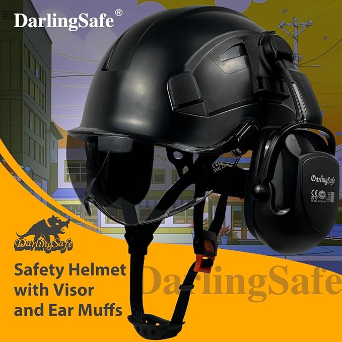 Hard Hat with Visor Ear Muffs Vented Safety Helmet with Visor Earmuffs ANSI Z89.1 Outdoor Work Hardhats Construction