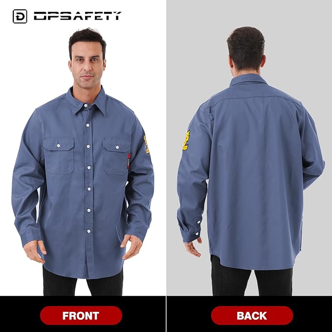 FR Shirts for Men 7oz Hi Vis Fire Resistant Shirts NFPA CAT2 Welding Shirt 100% Cotton Flame Resistant Shirt Light Blue(3X-Large)