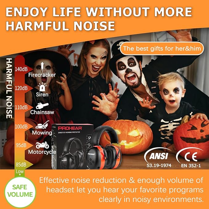 PROHEAR 037 Gel Ear Pads Bluetooth 5.3 Hearing Protection Headphones,1500mAh Rechargeable Battery for 120H Playtime Perfect for Mowing Workshops Snowblowing - Orange