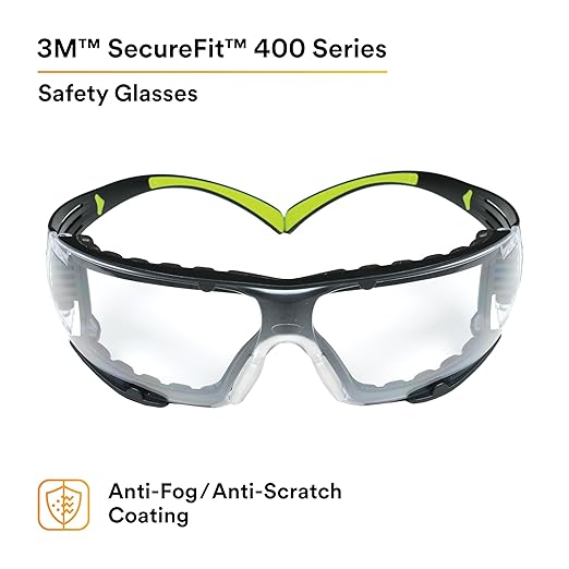 3M Safety Glasses for Men and Women, SecureFit 400, 1 Pair, Z87, Anti-Fog Anti-Scratch Clear Lens, Green/Black Frame, Polycarbonate, UV Protection, Flexible Temples, Removable Foam Gasket