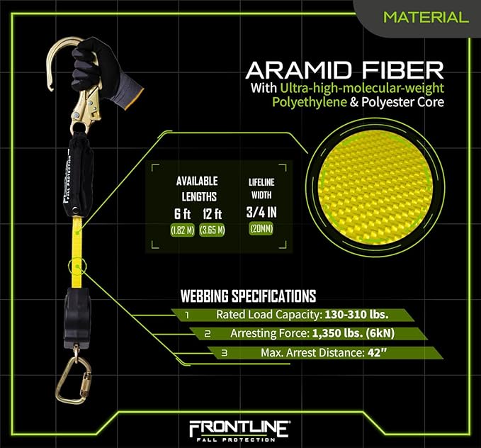 Frontline RPA12R 12' Aramid Web Single Leg SRL with Steel Rebar Hook | Lightweight, Durable & Compact | 310 lbs Capacity | Aramid Fiber Webbing | ANSI & OSHA Compliant | ISO Lab Tested