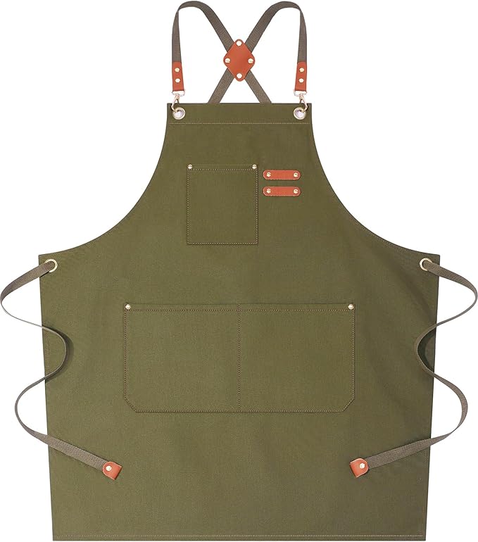 AFUN Chef Aprons for Women Men with Large Pockets, Cotton Canvas Cross Back Water Repellent Work Apron, Size M to XXL (Greygreen)