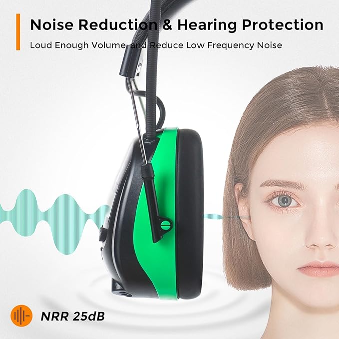 Digital AM/FM Radio Headphones 25dB NNR,Noise Reduction Safety Earmuffs,Headset Powered by AA Battery,Hearing Protection for Mowing Lawn Working Walkman(Green)