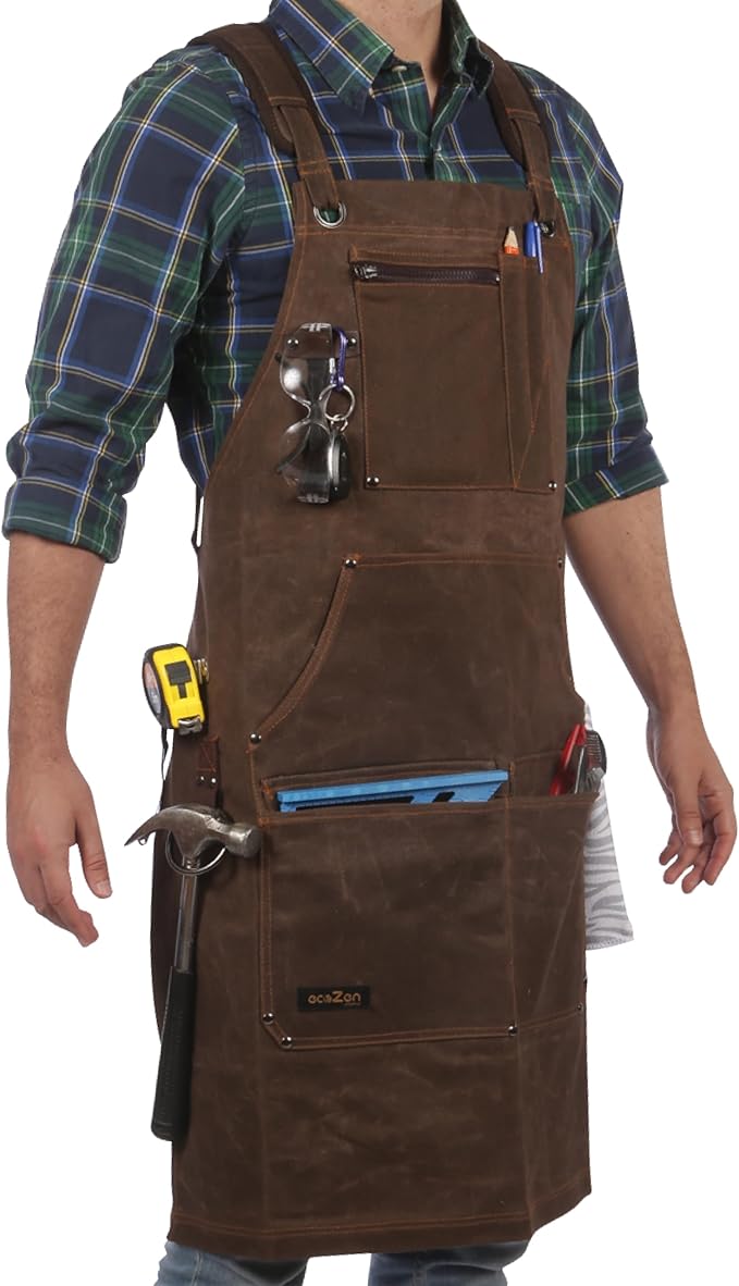 ecoZen 16oz Waxed Canvas Work Apron with Tape Holder - 27 x 34 inches Shop Apron with Elastic Back Strap and Front Pockets, Fully Adjustable, Tough Protection for Men - Brown