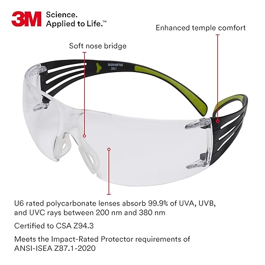 3M Safety Glasses for Men and Women, SecureFit 400, 20 Pack, ANSI Z87, Anti-Fog Anti-Scratch Clear Lens, Green/Black Frame, Polycarbonate, UV Protection, Flexible Temples, Soft Nose Bridge
