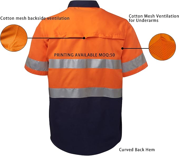 LANTERN FISH High Visibility Shirts Reflective Work Safety Hi Vis Button Up Shirts for Men Cotton Class 3