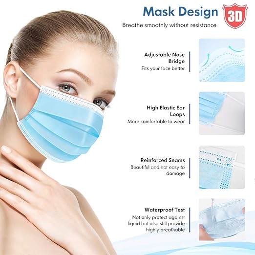 HDFK Face Mask Disposable Adults 3Ply Non-Woven with Nose Clip Ear Loop Blue 50Pack