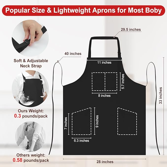 3 Pcs Dual Waterproof Oilproof Kitchen Chef Aprons with 4 Pockets for Men Women, Adjustable Soft Anti-Tear Cooking Bib Apron for Baking Grilling BBQ Painting Cleaning (Black)