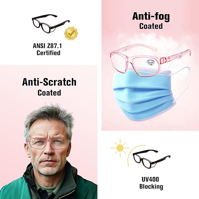 ProtectX Stylish Anti-Fog & Scratch-Resistant Safety Glasses With Readers, UV Protection Goggles, Anti-Impact Lightweight Glasses for Men＆Women Pink Reading 1.0-6 Pack