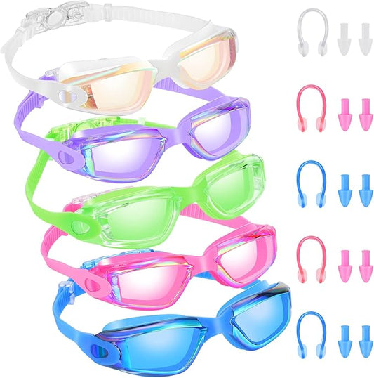 Macarrie 5 Pairs Swimming Goggles for Adults Kids Anti Fog Pool Goggles bulk No Leaking Glasses with Ear Plugs Nose Clip