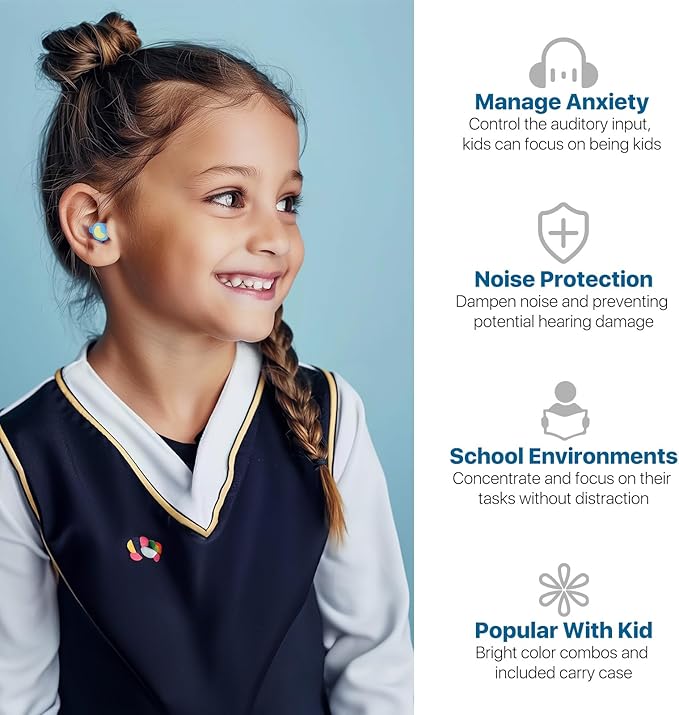 Kids Ear Protection Kids Ear Plugs (6-12yrs) - Reusable Everyday Noise Relief for Child Adult with Small Ear Canal, for Focus, Anxiety, Stress, School, Home, Playtime –26 dB Noise Reduction Earplugs