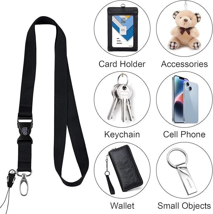 Wisdompro Office Lanyard, 5 Pack 23 inch Quick Release Neck Strap Lanyard with Detachable Buckle, Metal Oval Clasp, String Loop for ID Badges, Keys, Keychain, USB Flash Drives, Phones - Black