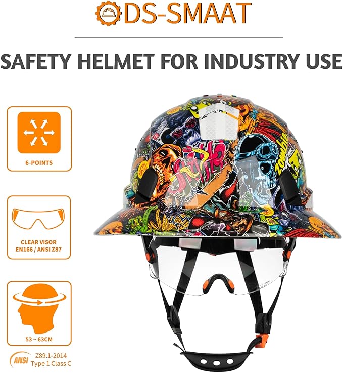 Full Brim Hard Hat with Visor, 6-Point Ratchet Suspension Safety Helmet, Superior Impact Head Protection, ANSI Z89.1 OSHA Approved Safety Helmet,Great for Men&Women