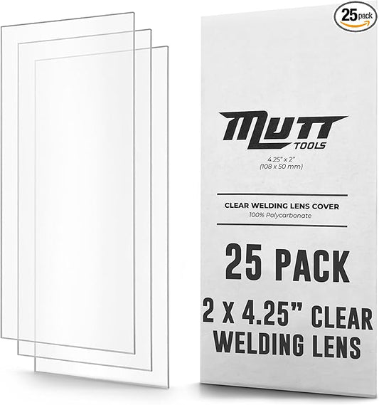 Mutt Tools 25 Pack Clear Welding Lenses 2x4.25 - Premium 0.04" Thick Clear Lens for Welding Hood - 2x4 Welding Lens Clear - Replacement Welding Helmet Lens for Standard Helmets