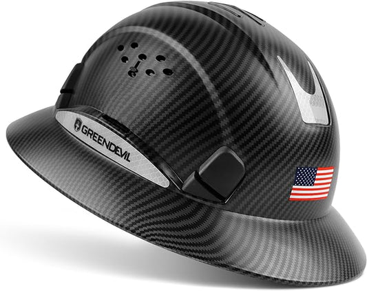 GREEN DEVIL Full Brim Hard Hat Vented Construction Safety Helmet OSHA Approved Cascos De Construccion ABS Work Hardhat for Men&Women 6 Point Adjustable Ratchet Suspension Custom Pattern Design