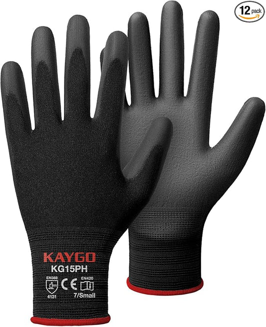 KAYGO Work Gloves PU Coated 12 Pairs, KG15P,Nylon Liner with Flexible Polyurethane Coating,Safety Work Gloves for DIY, Assembly, Warehouse, Light Duty Work (Small,Black)