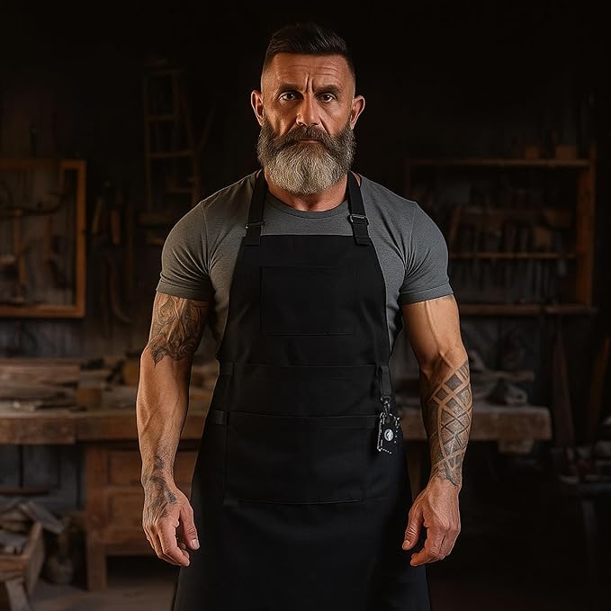 Canvas Chef Apron – Cross Back Straps Mens Apron for Butcher, Bartender, Grilling, BBQ, Kitchen, Workshop & Artist