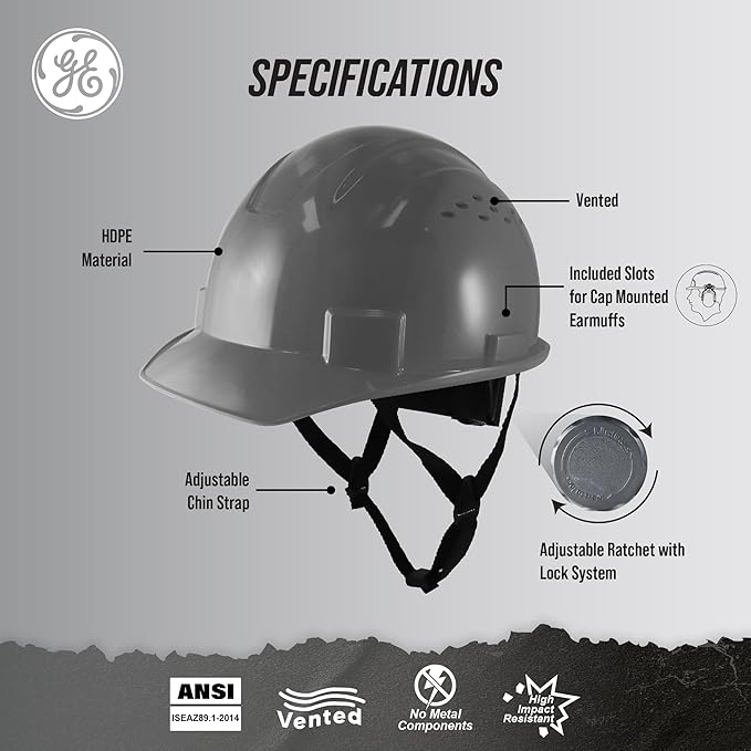 GE Cap Style Hard Hat, 4-Point Ratchet Suspension, Earmuff Slots, High Impact Resistant, Sweat-Wicking Sweatband, Meets ANSI Z89.1-2014, Comfortable, Durable, and Protective - Gray, Vented