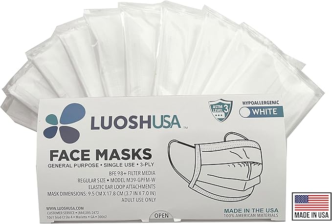 Face Masks Disposable Made in USA, 3 Ply Disposable Masks 50pcs,Adult Mask, Kids Mask, Black Masks, White Masks